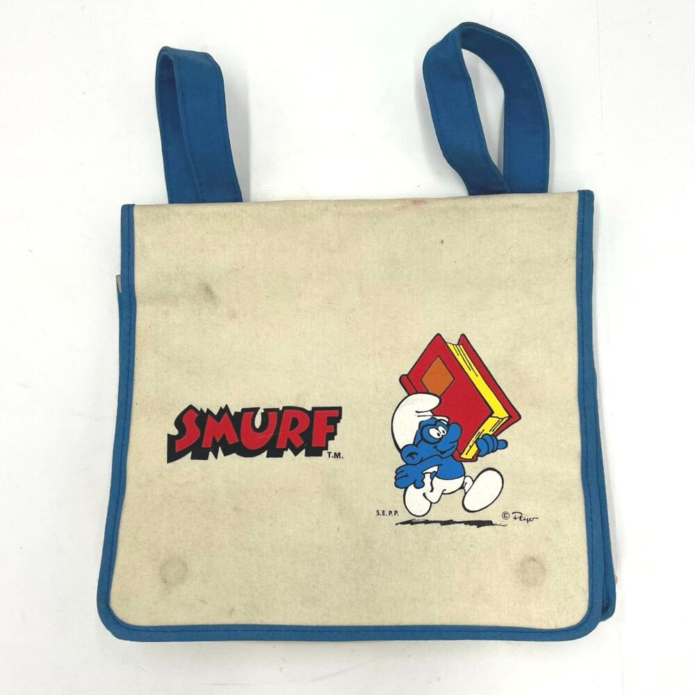 Vintage 1980's Smurf School Childrens Backpack Book Bag 9.5"x10" RARE
